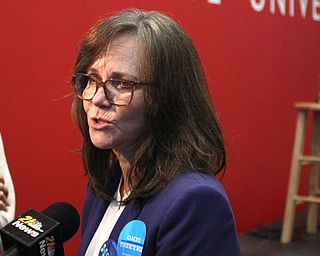 Nikos Frazier | The Vindicator..Actress Sally Fields talks with the media after speaking in support of Democratic presidential candidate Hillary Clinton at the Youngstown State University Community Room in the Covelli Centre on Saturday, Sept. 24, 2016 in Youngstown.