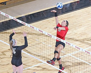 Youngstown State's erin Kalahar (10) hits the ball over the jumping block by Cleveland State's Sara Skeens (16) during the second set of Sunday afternoons matchup at the Beeghly Center.   Dustin Livesay  |  The Vindicator  9/25/16  Beeghly Center,  YSU