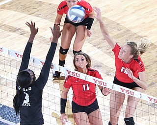 Youngstown State's Lori Vanbeek (18) spikes the ball at the block set up by Mariah Carrero-Johnson (8) during the second set of Sunday afternoons matchup at the Beeghly Center.   Dustin Livesay  |  The Vindicator  9/25/16  Beeghly Center,  YSU