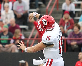 Nikos Frazier | The Vindicator..USD's Chris Streveler(15) throws deep in the second quarter at Stambaugh Stadium in Youngstown on Saturday, Oct. 1, 2016. Youngstown State University would go on to win, 30-20 against University of South Dakota.
