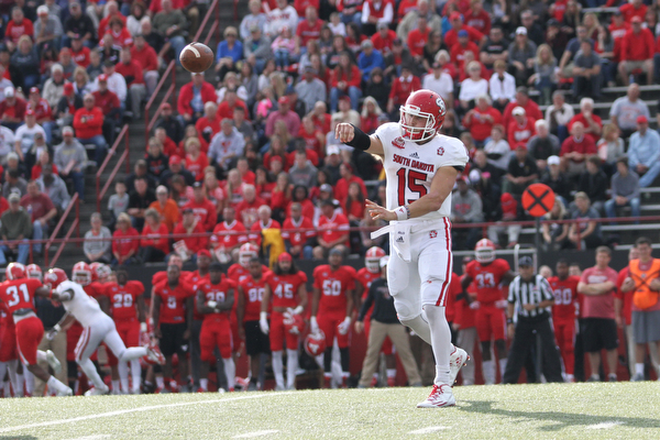 Nikos Frazier | The Vindicator..USD's Chris Streveler(15) passes the ball in the second quarter at Stambaugh Stadium in Youngstown on Saturday, Oct. 1, 2016. Youngstown State University would go on to win, 30-20 against University of South Dakota.
