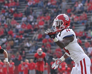 Nikos Frazier | The Vindicator..USD's Michael Fredrick(14) watches a wide pass in the second quarter at Stambaugh Stadium in Youngstown on Saturday, Oct. 1, 2016. Youngstown State University would go on to win, 30-20 against University of South Dakota.
