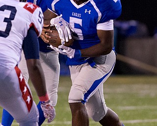 MICHAEL G TAYLOR | THE VINDICATOR- 9-30-16- 2nd qtr, Hubbard's #5 Rafael Morales looks for daylight. Niles Red Dragons vs Hubbard Eagles at Alumni Field in Memorial Stadium in Hubbard, OH.