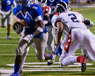 MICHAEL G TAYLOR | THE VINDICATOR- 9-30-16- 3rd qtr, Hubbard's #5 Rafael Morales on his way to a rushing TD. Niles Red Dragons vs Hubbard Eagles at Alumni Field in Memorial Stadium in Hubbard, OH.