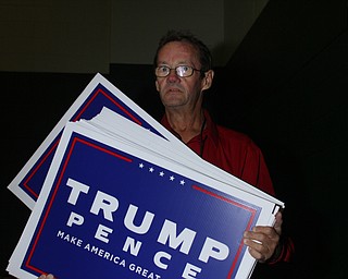 Nikos Frazier | The Vindicator..Peter Aldrich of Elyria before Gov. Mike Pence(R-Indiana) spoke at a townhall event at the Walter F. Ehrnfelt Recreation and Senior Center in Strongsville, Ohio on Friday, Oct. 7, 2016.