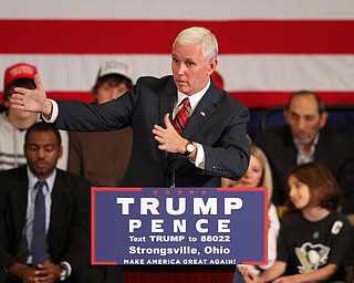 Nikos Frazier | The Vindicator..Gov. Mike Pence(R-Indiana) speaks during a townhall event at the Walter F. Ehrnfelt Recreation and Senior Center in Strongsville, Ohio on Friday, Oct. 7, 2016.