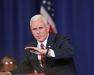 Nikos Frazier | The Vindicator..Gov. Mike Pence(R-Indiana) speaks during a townhall event at the Walter F. Ehrnfelt Recreation and Senior Center in Strongsville, Ohio on Friday, Oct. 7, 2016.