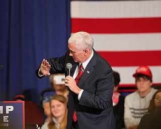 Nikos Frazier | The Vindicator..Gov. Mike Pence(R-Indiana) speaks during a townhall event at the Walter F. Ehrnfelt Recreation and Senior Center in Strongsville, Ohio on Friday, Oct. 7, 2016.