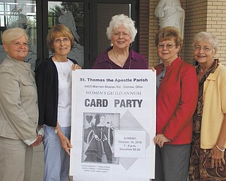 SPECIAL TO THE VINDICATOR
The Women’s Altar and Rosary Guild of St. Thomas the Apostle Church will sponsor its annual card party from 1 to 4 p.m. Oct. 16 at the church hall, 4453 Warren-Sharon Road, Vienna. There will be more than 100 door prizes, table prizes and a basket auction. A light lunch will be served. Tickets can be purchased for $5 from any guild member before the event or at the door. Participants are asked to take playing cards or board games. Guild members hosting the event, from left, are  Valerie Seaborn, kitchen brigade chairman; Karen Neuroh, card party co-chairman; Judy Ferrett, co-president; Judy McDonald, co-president; and Karen Nagel, card party co-chairman.