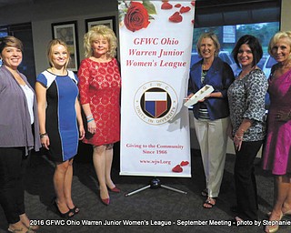 SPECIAL TO THE VINDICATOR
General Federation of Women’s Clubs Ohio Warren Junior Women’s League welcomed provisional members during the club’s first meeting of the 2016-2017 year at Vernon’s Cafe in Niles. Linda McCready, second vice president and membership chairman, introduced the provisional members to the membership. Above, provisional members and officers, from left, are Devon Gulliford, Madison Sprague, WJWL President Julie Vugrinovich, Mary Jeanine Pipino, Shaunna Scoville and McCready. For membership information, call McCready at 330-307-5250.