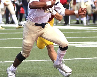 Nikos Frazier | The Vindicator..Canisius' Kenyatta Huston(21) closes in on the final feet towards the Mooney end zone for a touchdown in the first half as Cardinal Mooney took on Canisius High School(Buffalo) at Stambaugh Stadium in Youngstown, Ohio on Sat, Oct. 8, 2016.
