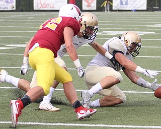 Nikos Frazier | The Vindicator..Canisius' Mason Hoose(5) scrambles for the fumbled ball in the second halfas Cardinal Mooney took on Canisius High School(Buffalo) at Stambaugh Stadium in Youngstown, Ohio on Sat, Oct. 8, 2016.