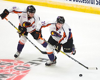 Youngstown Phantoms forward Tommy Apap (21) skates the puck up ice with defenseman Marcus Joseph (6) against the Madison Capitols during the second period at the Covelli Centre on October 8, 2016.  Scott R. Galvin | Vindicator