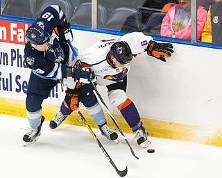 Youngstown Phantoms defenseman Marcus Joseph (6) battles with Madison Capitols forward Marcel Godbout (19) for the puck during the second period at the Covelli Centre on October 8, 2016.  Scott R. Galvin | Vindicator