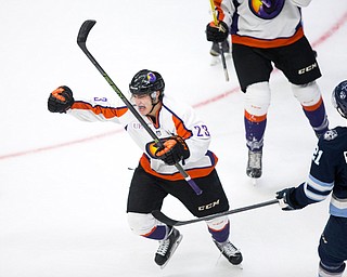 Youngstown Phantoms forward Alex Esposito (23) celebrates his second goal of the game against the Madison Capitols during the second period at the Covelli Centre on October 8, 2016.  Scott R. Galvin | Vindicator