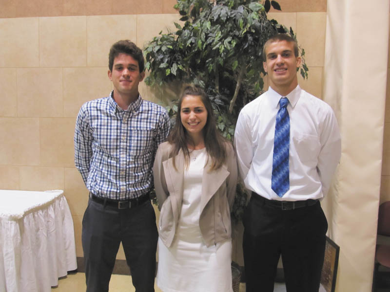 SPECIAL TO THE VINDICATOR
Three high school students were awarded scholarships during the annual Austintown Fitch Hall of Fame banquet on Sept. 17. Brian Beany, left, was awarded a Youngstown State University endowment scholarship in memory of William Knight; Ashley Amendol was awarded the Getch Family Hall of Fame scholarship; and Adam Green was awarded the Austintown Fitch Athletic Hall of Fame scholarship.

