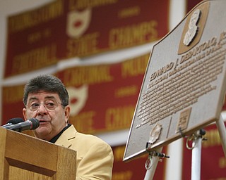       ROBERT K. YOSAY  | THE VINDICATOR..Mr D talks about his days at CMHS....at the Eddie DeBartolo HOF plaque unveiling at Cardinal Mooney High School....... - -30-
