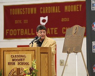        ROBERT K. YOSAY  | THE VINDICATOR..Mr D talks about his days at CMHS....at the Eddie DeBartolo HOF plaque unveiling at Cardinal Mooney High School....... - -30-