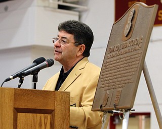        ROBERT K. YOSAY  | THE VINDICATOR..Mr D talks about his days at CMHS....at the Eddie DeBartolo HOF plaque unveiling at Cardinal Mooney High School....... - -30-