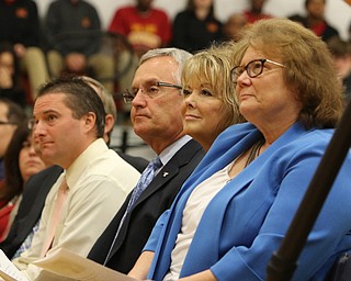        ROBERT K. YOSAY  | THE VINDICATOR.. Friends of Eddie listen to Eddie as the plaque was unveiled..at the Eddie DeBartolo HOF plaque unveiling at Cardinal Mooney High School....... - -30-