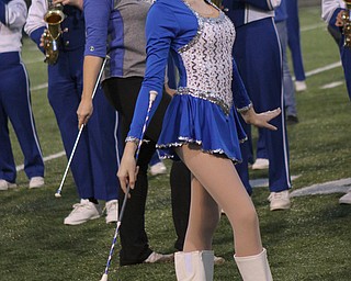 Sophomore majorette of the Hubbard High School marching band, Skyler Sakonyi, performs during the pregame homecoming ceremony of Friday nights matchup against Struthers.  Dustin Livesay  |  The Vindicator  10/14/16  Hubbard.