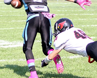 Nikos Frazier | The Vindicator..East's Maurice Pickard(6) returns the 1st quarter kickoff as Canfield's Laurence Bucciarelli(48) attempts to tackle him at Rayen Stadium in Youngstown on Saturday, Oct. 15, 2016 as the Canfield Cardinals take on the East Panthers. (Nikos Frazier / KSU-JMC)