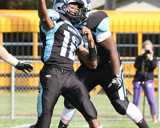 Nikos Frazier | The Vindicator..East's quarterback Thomas Steele(16) fires in the second quarter at Rayen Stadium in Youngstown on Saturday, Oct. 15, 2016 as the Canfield Cardinals take on the East Panthers.