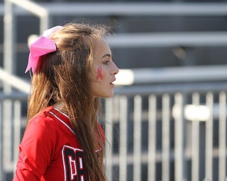 Nikos Frazier | The Vindicator..A pink ribbon is painted on the cheek of Canfield cheerleader Gretchen Ripely, during Breast Cancer Awareness month, as she watches the Canfield Cardinals take on the East High Panthers at Rayen Stadium in Youngstown on Saturday, Oct. 15, 2016.