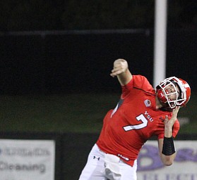 Nikos Frazier | The Vindicator..YSU's Nathan Mays(7) launches into the end zone with two seconds left in the second quarter as Youngstown State takes on Northern Illinois at Stambaugh Stadium in Youngstown on Saturday, Oct. 15, 2016.