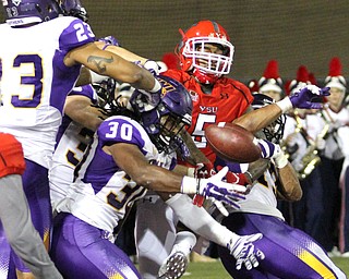 Nikos Frazier | The Vindicator..With zero seconds left in the second quarter, the ball is juggled around as Youngstown State takes on Northern Illinois at Stambaugh Stadium in Youngstown on Saturday, Oct. 15, 2016. ..From Left in pile, UNI A.J. Allen(23), UNI Duncan Ferch(39), UNI D'Shawn Dexter(30), YSU Alvin Bailey(5) and UNI Elijah Campbell(19)