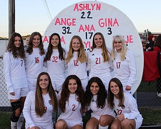 Neighbors | Abby Slanker.The Canfield High School girls soccer team seniors were honored during Senior Night on Oct. 5. Team members included, from left, (front) Gina Carelli, Cece Shaer, Anita Mancini, Ashlyn Cleevely; (back) Paije Georgeoff, Elizabeth Pilolli, Angela Copploe, Taylor Meier, Izzy Savich and Ana Kilbert.