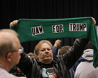 Cleveland, Ohio | Oct. 23, 2016: ..Ronnie Oakman, of Girard, Ohio, holds a "UAW for Trump" sign before Republican presidential nominee Donald Trump spoke to supporters at the I-X Center on Saturday, Oct. 23, 2016 in Cleveland, Ohio. Oakman is a member of the UAW1112 at the Chevy Cruze plant in Lordstown, Ohio...Nikos Frazier | The Vindicator.