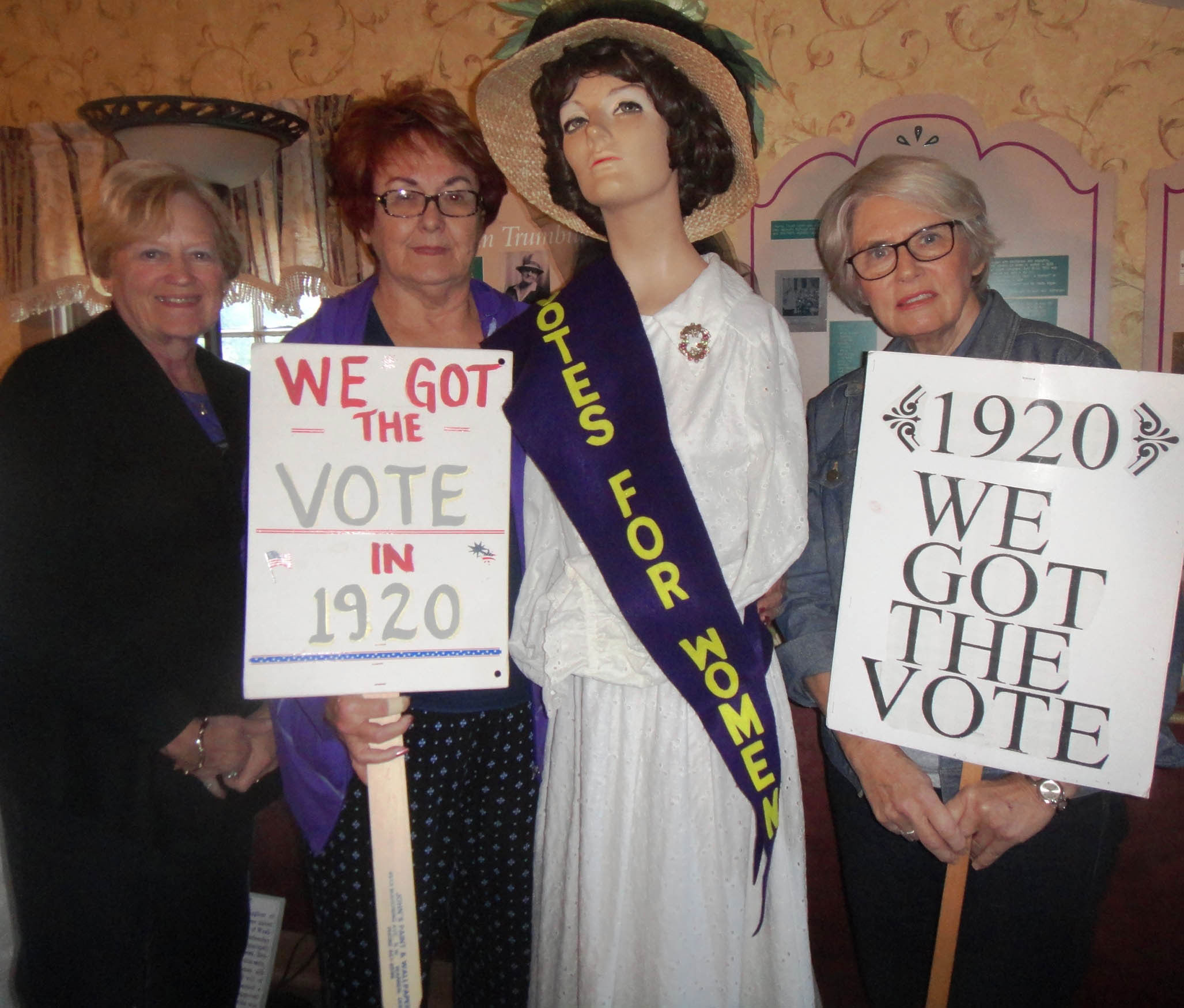 SPECIAL TO THE VINDICATOR
From left, are Martha Flint, Sandra Sarsany and Ann Miller, with artifacts from the women’s suffrage museum in the Harriet Taylor Upton House. On Election Day, Nov. 8, conversations with Harriet Taylor Upton will be featured from 2 to 7 p.m. Upton will be portrayed by an Upton board member. The event will take place in the house at 380 Mahoning Ave., downtown Warren. Conversations with the public were important to Harriet as she was a leading suffragette, fighting for women’s right to vote. Refreshments will be served. For information visit www.uptonhouse.org or call 330-395-1840. Private tours are available and the home is available to rent for small parties.