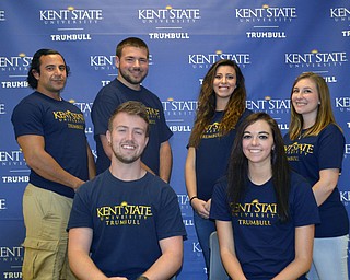 SPECIAL TO THE VINDICATOR
Kent State University at Trumbull recently announced the members of its first Homecoming Court. The six students joined regional Kent State campus nominees to celebrate Kent State University’s 2016 Homecoming on Oct. 1. As part of Homecoming week, the court delivered collected food and personal items to Someplace Safe on Sept. 26, they judged a KSU Trumbull Homecoming Spirit Day contest on Sept. 28, and participated in a LifeShare blood drive on campus on Sept. 29. KSU hosted its homecoming parade the morning of Oct. 1 and announced the KSU Trumbull Court during the football game later that day. Seated are Homecoming King Alex Hatfield, a 2014 Chalker High School graduate, studying computer technology and networking, and Homecoming Queen Amber Waselesky, a 2014 Southeast graduate, studying nursing. Standing are homecoming court members Anthony Salem, a 2003 St. Vincent St. Mary graduate, studying exercise physiology; Dennis Richards, a 2016 Mathews graduate, studying computer technology and networking; Jessie Narkum, a 2015 Hubbard graduate, studying American sign language; and Darien Genova, a 2012 Warren G. Harding graduate, studying organismal biology.