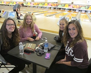 Students from Austintown Fitch High School participated in the Relay for Life kick off bowling event on Oct. 2 at Wedgewood Lanes. Picture are, from left, Erica Ferguson, Casey Henderson, Carlee Gaca and Lexi Cintron.