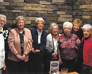 SPECIAL TO THE VINDICATOR
Members of St. Elizabeth Hospital School of Nursing Class of 1947 celebrated their 90th birthdays this year. During a luncheon at Stoneyard Grill in Niles, they marked 72 years of friendship. Those attending were Margaret O’Brien Keenan, Patricia Joyce Hartwig, Mary Lou Peachy Morley, Kathryn Callahan Kennedy, Kathryn Bebackwa Sekula, 
Martha Jane Richards Benedict, Lois Allar Miller and Adeline Adornato Duncko. Classmates unable to attend were Marcella Eddy Burgess, Patricia O’Neil Roche, Shirley Stein Deckant, Cleo Duffy Orlando, Jean McKenzie Baun and Marian Fitzgerald Busick.