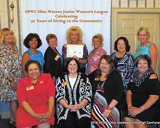 SPECIAL TO THE VINDICATOR
GFWC Ohio Northeast District President Mary Witkowski, GFWC Ohio Northeast District Junior Director Pam Vines and hostess club, Boardman Poland Junior Women’s League welcomed GFWC Ohio state officers and 36 Northeast District members to A La Cart Catering in Canfield at a recent gathering. Visiting officers were GFWC officers, Lisa Hedrick, president; Deidra DeVore, director of Junior Clubs; Linda Crish, first vice president; Yvonne Ford, secretary; and Esther Gartland, assistant director of Junior Clubs. Warren Junior Women’s League was recognized for 50 years of giving to the community. GFWC Ohio Northeast District is affiliated with the International GFWC and GFWC Ohio. Seated, from left, are Witkowski, Hedrick, DeVore and Crish, and standing are Gartland, Warren Junior Women’s League member Stephanie Furano, Vines, WJWL President Julie Vugrinovich, Northeast District secretary Karen Margala, WJWL member Sandra Saluga and Ford.