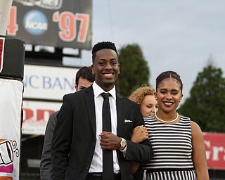 Nikos Frazier | The Vindicator..Kyle Moore and Rachel Davis, members of the 2016 homecoming court, pose for a photo at the 2016 Youngstown State University Homecoming game against Indiana State at Stambaugh Stadium on Saturday, Oct. 29, 2016.