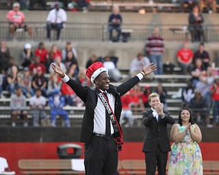 Nikos Frazier | The Vindicator..Kyle Moore is crowned king at the 2016 Youngstown State University Homecoming game against Indiana State at Stambaugh Stadium on Saturday, Oct. 29, 2016.