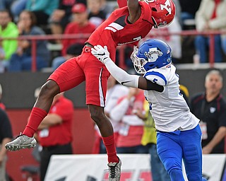 YOUNGSTOWN, OHIO - OCTOBER 29, 2016: Kenny Bishop #7 of YSU intercepts a pass intended for Clayton Smith #5 of Indiana State during the first half of their game Saturday afternoon at Stambaugh Stadium. YSU 13-10. DAVID DERMER | THE VINDICATOR