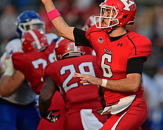 YOUNGSTOWN, OHIO - OCTOBER 29, 2016: Hunter Wells #6 of YSU throws a pass during the first half of their game Saturday afternoon at Stambaugh Stadium. YSU 13-10. DAVID DERMER | THE VINDICATOR