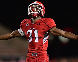 YOUNGSTOWN, OHIO - OCTOBER 29, 2016: David Rivers III #31 of YSU celebrates after breaking up a pass during the second half of their game Saturday afternoon at Stambaugh Stadium. YSU 13-10. DAVID DERMER | THE VINDICATOR