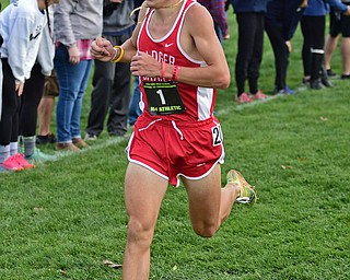 BOARDMAN, OHIO - OCTOBER 29, 2016: Ty Reeher of Badger runs down the back stretch during the Division 3 Northeast Ohio Regional Cross Country race at Boardman High School. DAVID DERMER | THE VINDICATOR