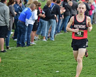 BOARDMAN, OHIO - OCTOBER 29, 2016: Kenny Wallace of Mathews runs down the back stretch during the Division 3 Northeast Ohio Regional Cross Country race at Boardman High School. DAVID DERMER | THE VINDICATOR
