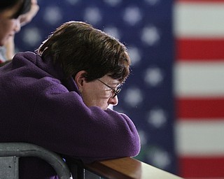 Kent, Ohio: Monday, Oct. 31, 2016..A supporter listens to Democratic presidential nominee, Hillary Clinton speaks at the Kent State University Recreation & Wellness Center in Kent, Ohio. (Nikos Frazier | The Vindicator)