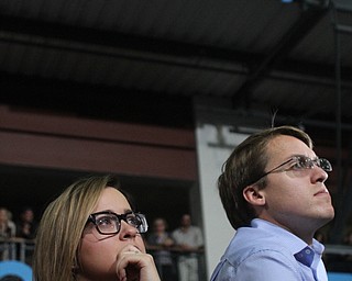 Kent, Ohio: Monday, Oct. 31, 2016..Gabrielle Woodard(left) listens to Democratic presidential nominee, Hillary Clinton speaks at the Kent State University Recreation & Wellness Center in Kent, Ohio. (Nikos Frazier | The Vindicator)