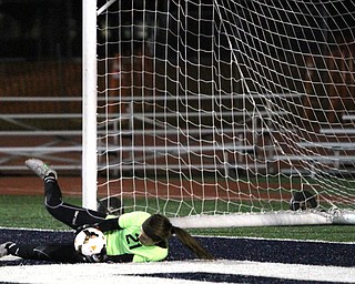 Solon, Ohio: Tuesday, Nov. 1, 2016..Mooney goalie, Skyler Huda(21) saves a goal attempt in the first half as Cardinal Mooney High School takes on Gilmour Academy at the Division III girls soccer regional semifinal at Stewart Field in Solon, Ohio on Tuesday, Nov. 1, 2016...(Nikos Frazier | The Vindicator