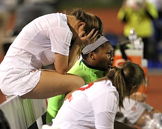 Solon, Ohio: Tuesday, Nov. 1, 2016..Mooney players react to Gilmour's lead in the first half as Cardinal Mooney High School takes on Gilmour Academy at the Division III girls soccer regional semifinal at Stewart Field in Solon, Ohio on Tuesday, Nov. 1, 2016...(Nikos Frazier | The Vindicator