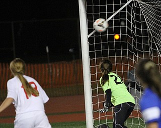 Solon, Ohio: Tuesday, Nov. 1, 2016..Mooney's Goalie, Skyler Huda(21) watches as the ball sails into the net in the first half as Cardinal Mooney High School takes on Gilmour Academy at the Division III girls soccer regional semifinal at Stewart Field in Solon, Ohio on Tuesday, Nov. 1, 2016...(Nikos Frazier | The Vindicator)