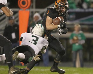  .          ROBERT  K. YOSAY | THE VINDICATOR..Springfield Tigers vs Columbia Raiders..Springfield #2 Frankie Centofanti  breaks a tackle of Columbia #3 Austin Sahlica  as he goes for a first down in the first uarter..-30-